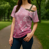 Hawaii Rose Pink Kapa Cross Shoulder Shirt Vintage 'Ohe Kāpala Motifs Mix Plumeria Leis