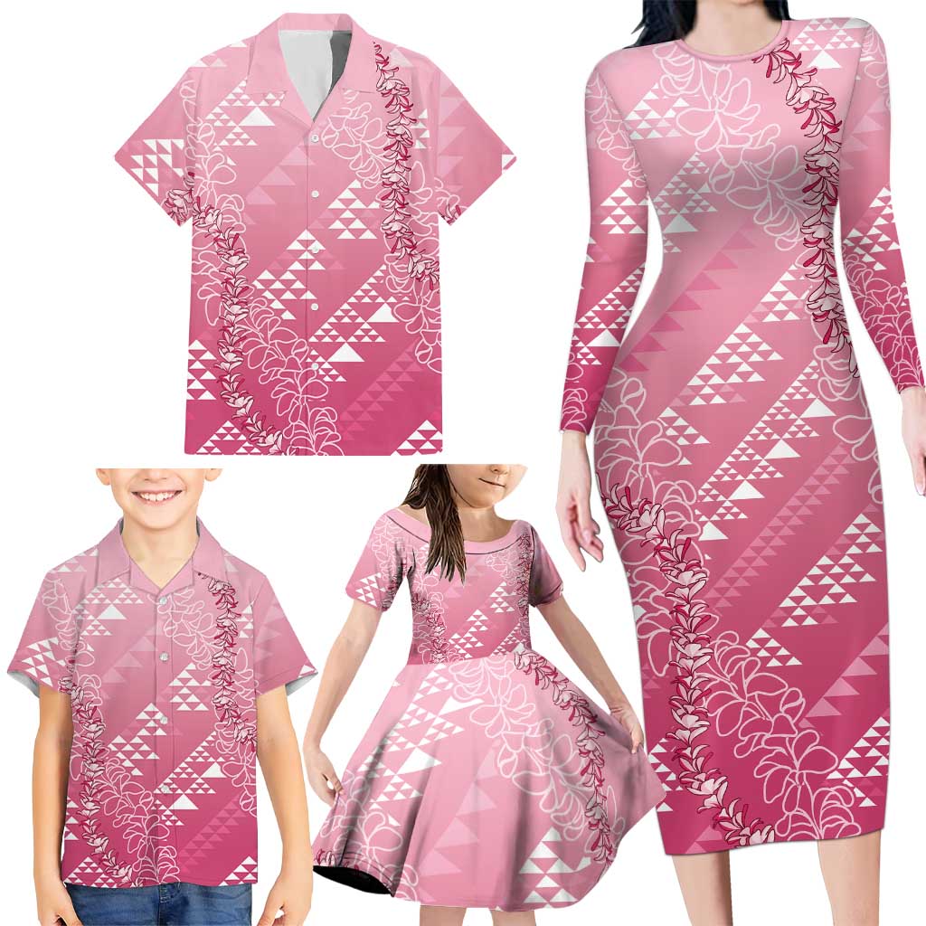 Hawaii Rose Pink Kapa Family Matching Long Sleeve Bodycon Dress and Hawaiian Shirt Vintage 'Ohe Kāpala Motifs Mix Plumeria Leis