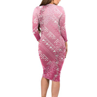 Hawaii Rose Pink Kapa Family Matching Long Sleeve Bodycon Dress and Hawaiian Shirt Vintage 'Ohe Kāpala Motifs Mix Plumeria Leis