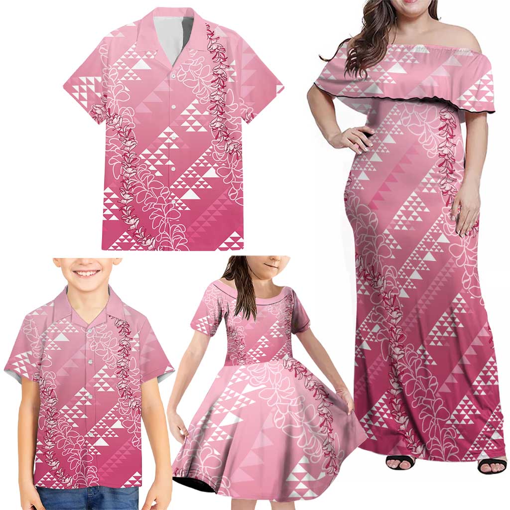 Hawaii Rose Pink Kapa Family Matching Off Shoulder Maxi Dress and Hawaiian Shirt Vintage 'Ohe Kāpala Motifs Mix Plumeria Leis