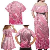 Hawaii Rose Pink Kapa Family Matching Off Shoulder Maxi Dress and Hawaiian Shirt Vintage 'Ohe Kāpala Motifs Mix Plumeria Leis