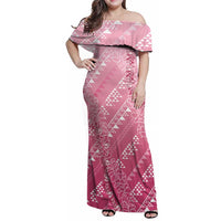 Hawaii Rose Pink Kapa Family Matching Off Shoulder Maxi Dress and Hawaiian Shirt Vintage 'Ohe Kāpala Motifs Mix Plumeria Leis