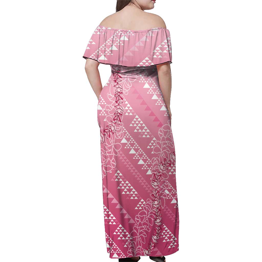 Hawaii Rose Pink Kapa Family Matching Off Shoulder Maxi Dress and Hawaiian Shirt Vintage 'Ohe Kāpala Motifs Mix Plumeria Leis