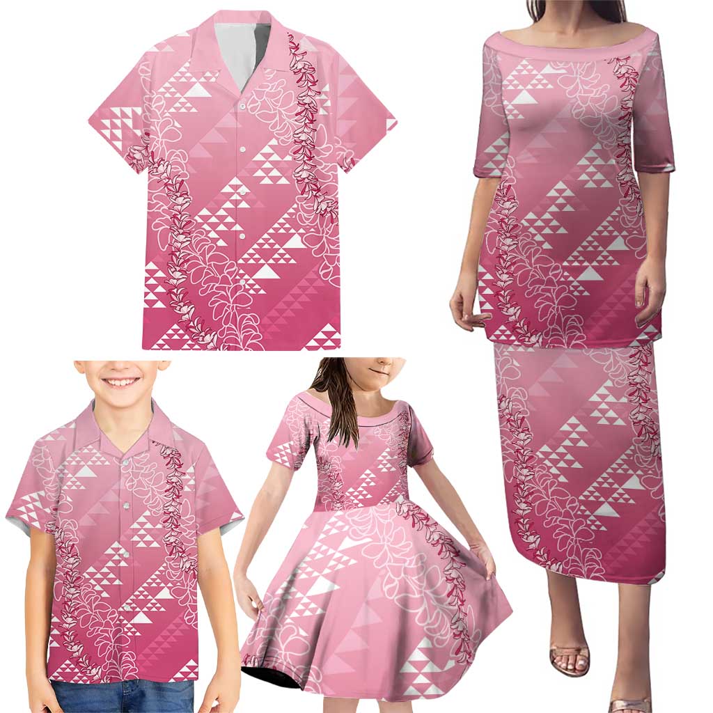 Hawaii Rose Pink Kapa Family Matching Puletasi and Hawaiian Shirt Vintage 'Ohe Kāpala Motifs Mix Plumeria Leis