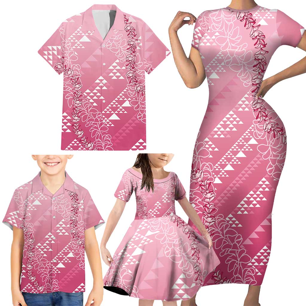 Hawaii Rose Pink Kapa Family Matching Short Sleeve Bodycon Dress and Hawaiian Shirt Vintage 'Ohe Kāpala Motifs Mix Plumeria Leis