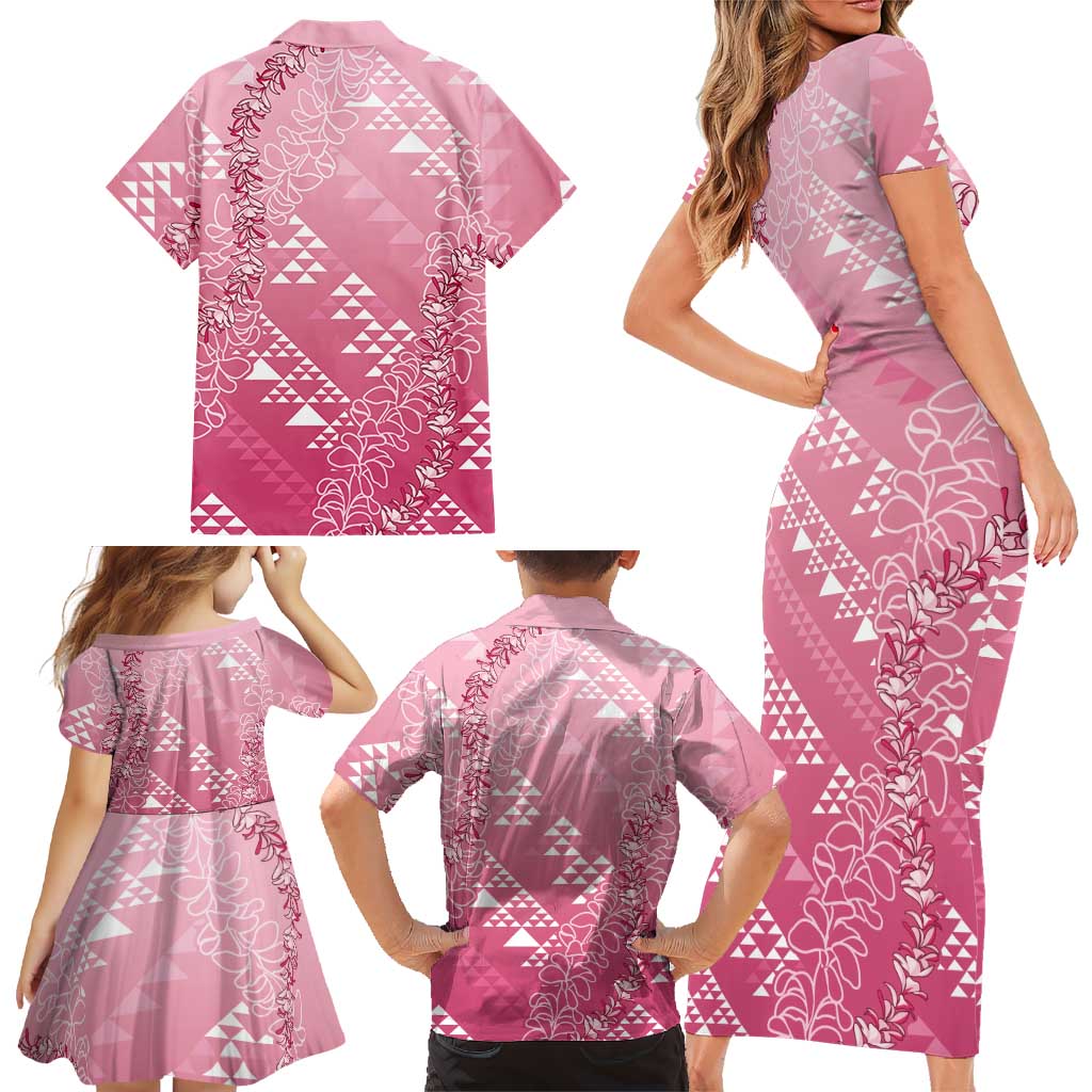 Hawaii Rose Pink Kapa Family Matching Short Sleeve Bodycon Dress and Hawaiian Shirt Vintage 'Ohe Kāpala Motifs Mix Plumeria Leis