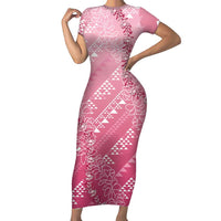 Hawaii Rose Pink Kapa Family Matching Short Sleeve Bodycon Dress and Hawaiian Shirt Vintage 'Ohe Kāpala Motifs Mix Plumeria Leis