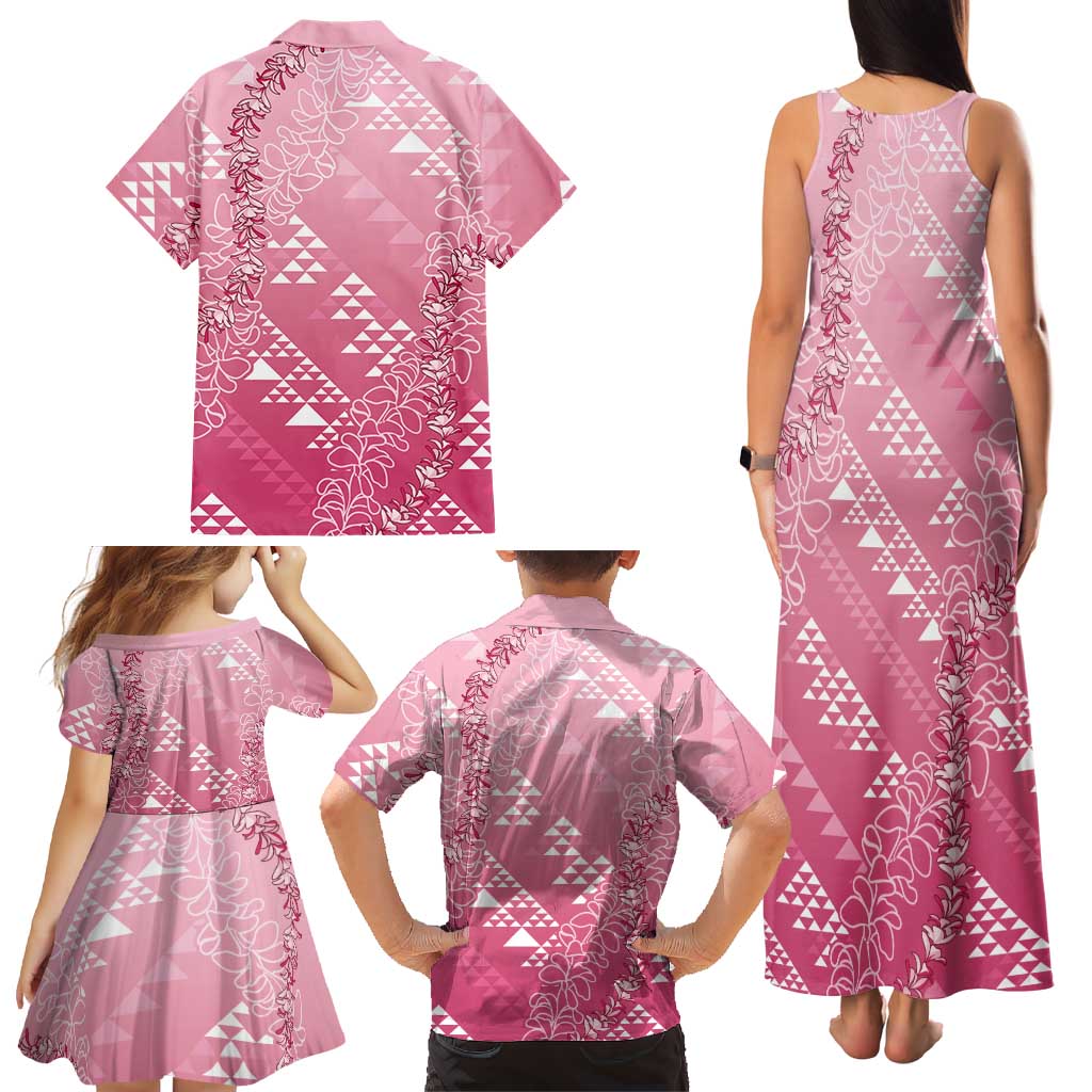 Hawaii Rose Pink Kapa Family Matching Tank Maxi Dress and Hawaiian Shirt Vintage 'Ohe Kāpala Motifs Mix Plumeria Leis