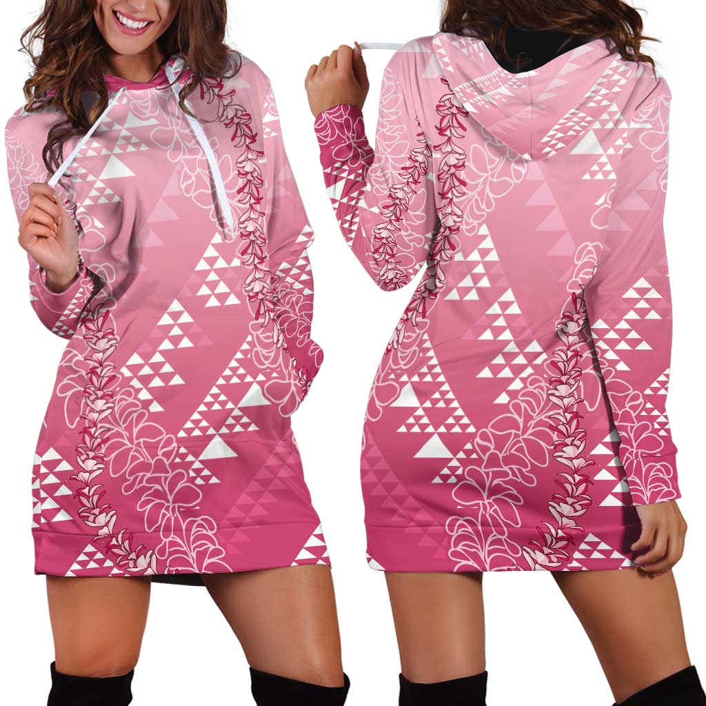 Hawaii Rose Pink Kapa Hoodie Dress Vintage 'Ohe Kāpala Motifs Mix Plumeria Leis