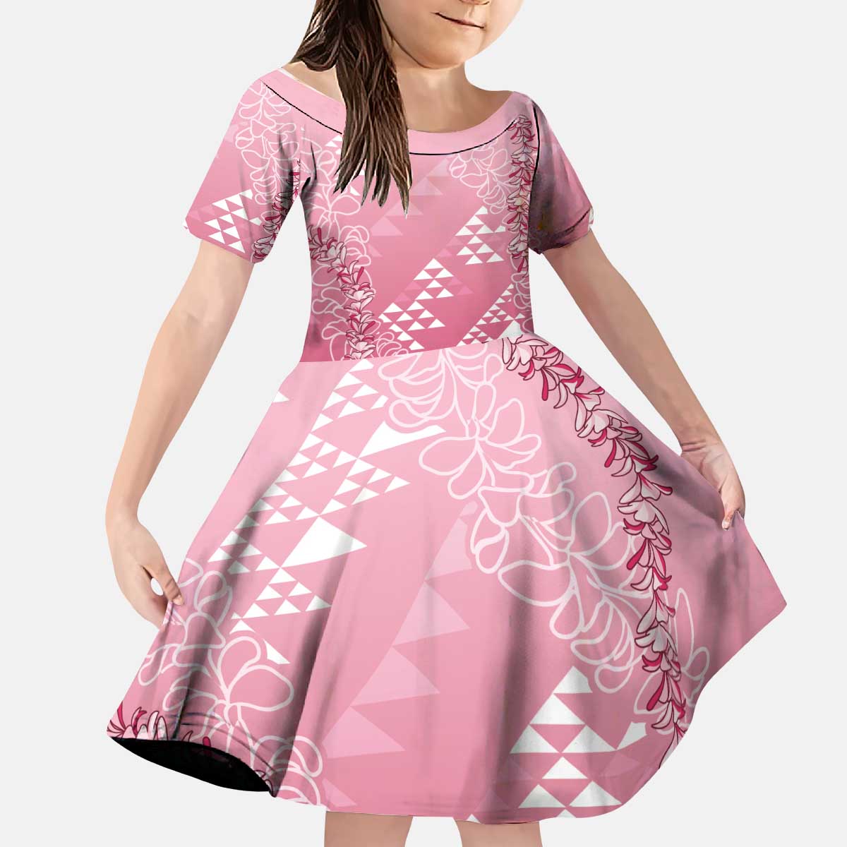 Hawaii Rose Pink Kapa Kid Short Sleeve Dress Vintage 'Ohe Kāpala Motifs Mix Plumeria Leis