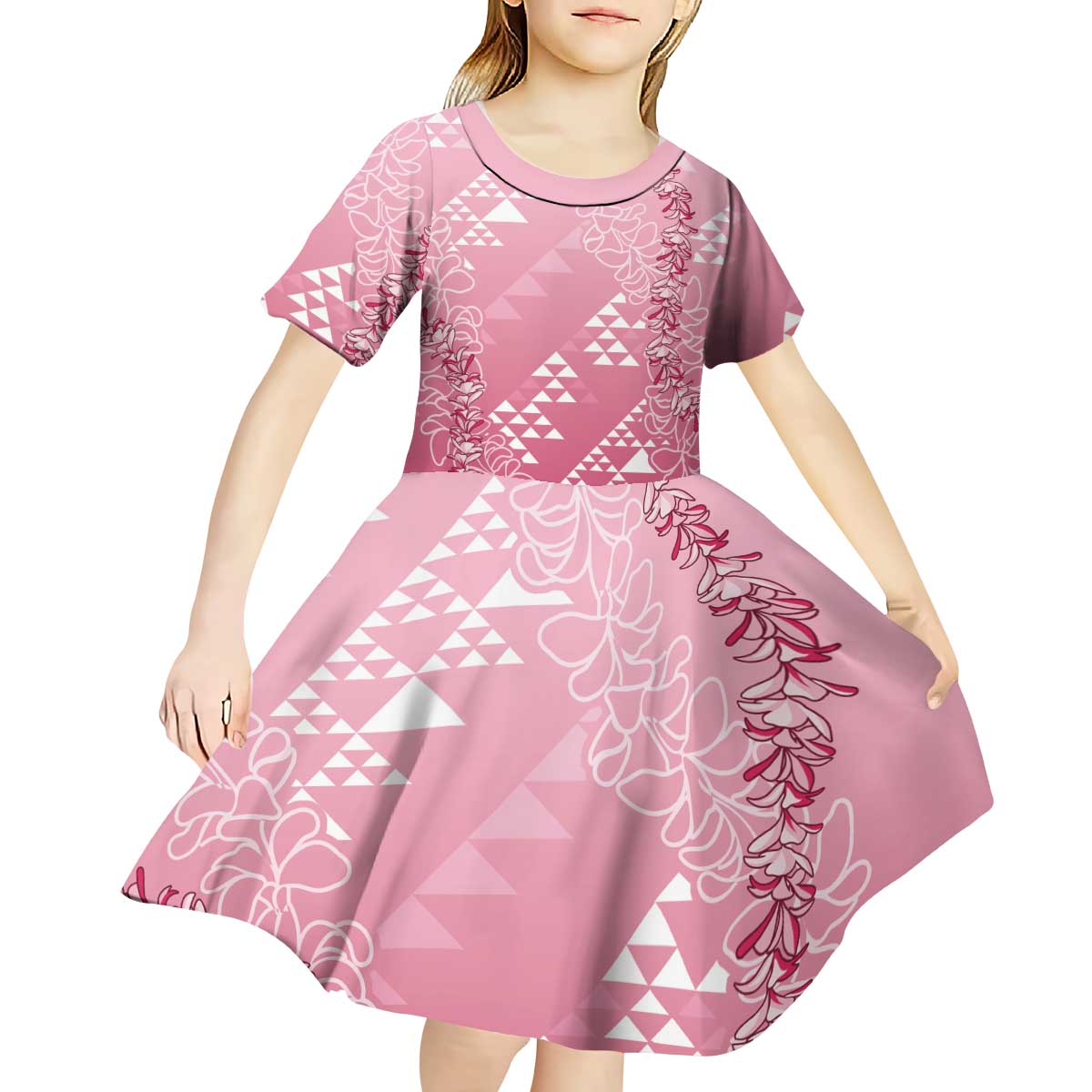 Hawaii Rose Pink Kapa Kid Short Sleeve Dress Vintage 'Ohe Kāpala Motifs Mix Plumeria Leis