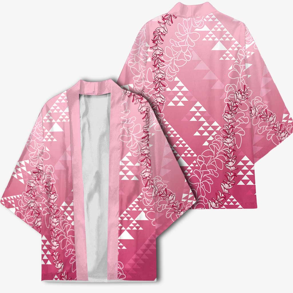 Hawaii Rose Pink Kapa Kimono Vintage 'Ohe Kāpala Motifs Mix Plumeria Leis LT7 - Polynesian Pride