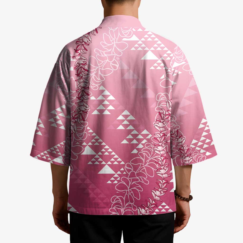 Hawaii Rose Pink Kapa Kimono Vintage 'Ohe Kāpala Motifs Mix Plumeria Leis LT7 - Polynesian Pride
