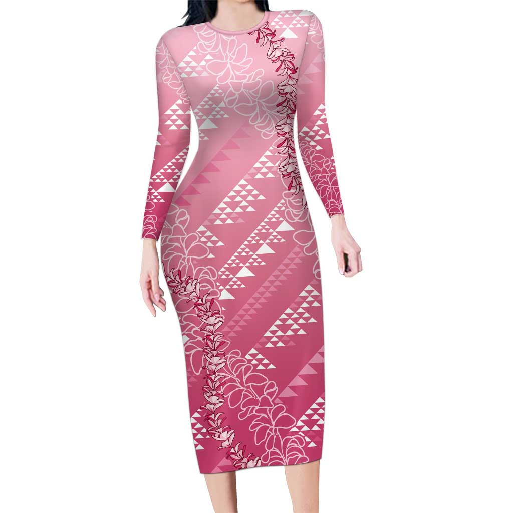 Hawaii Rose Pink Kapa Long Sleeve Bodycon Dress Vintage 'Ohe Kāpala Motifs Mix Plumeria Leis