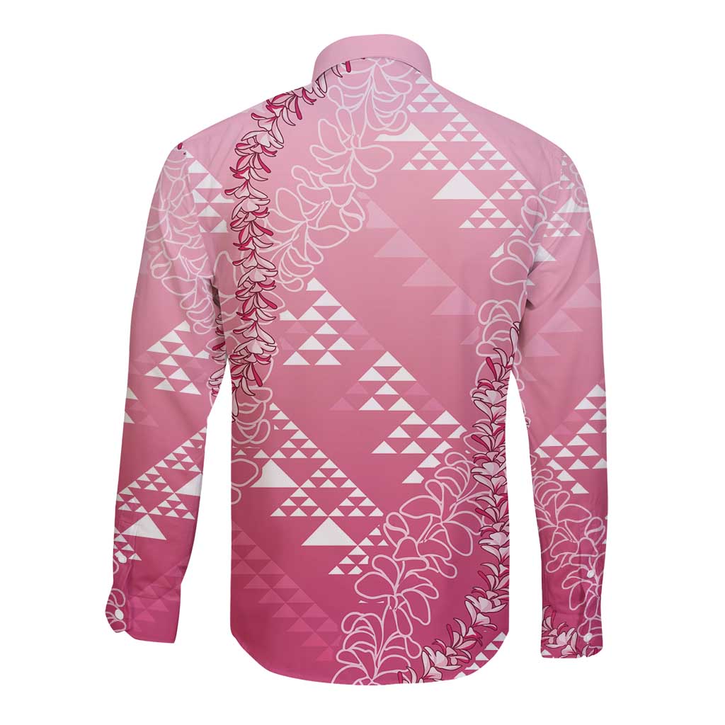 Hawaii Rose Pink Kapa Long Sleeve Button Shirt Vintage 'Ohe Kāpala Motifs Mix Plumeria Leis