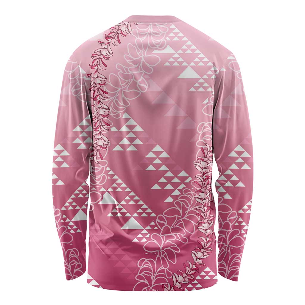 Hawaii Rose Pink Kapa Long Sleeve Shirt Vintage 'Ohe Kāpala Motifs Mix Plumeria Leis