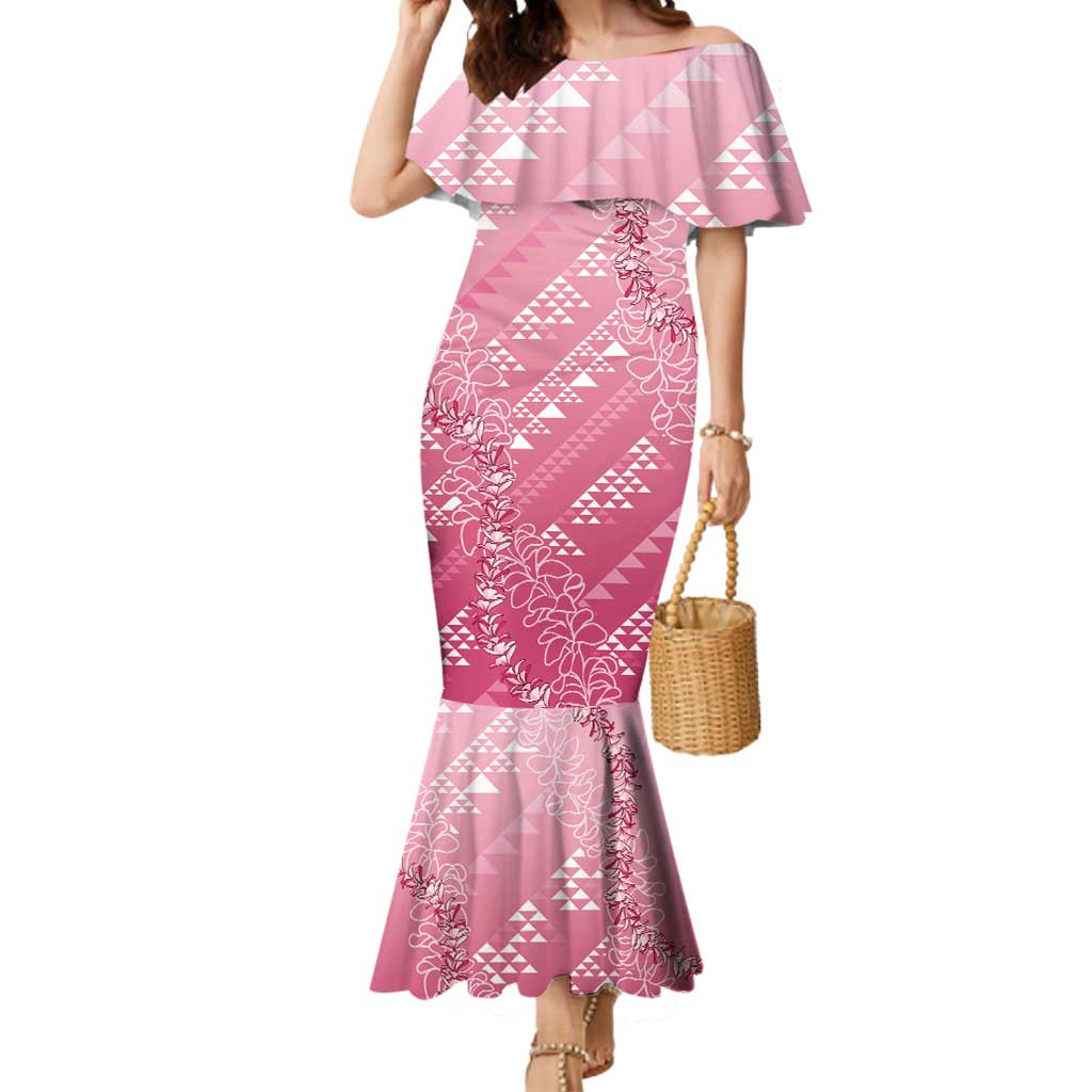 Hawaii Rose Pink Kapa Mermaid Dress Vintage 'Ohe Kāpala Motifs Mix Plumeria Leis