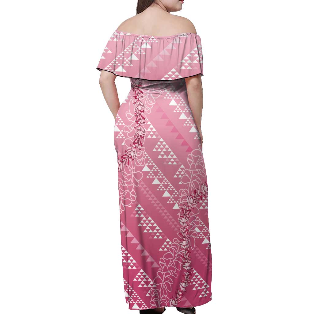 Hawaii Rose Pink Kapa Off Shoulder Maxi Dress Vintage 'Ohe Kāpala Motifs Mix Plumeria Leis