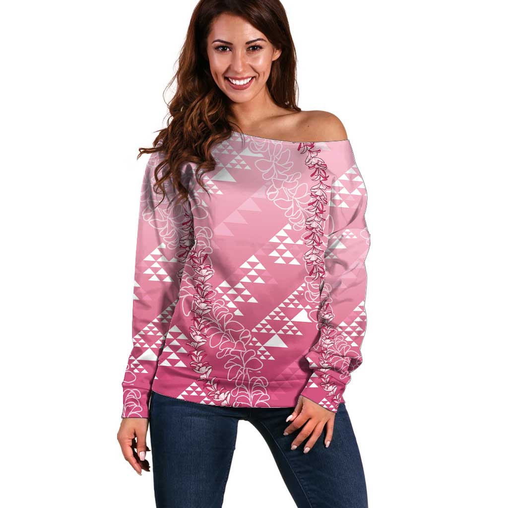 Hawaii Rose Pink Kapa Off Shoulder Sweater Vintage 'Ohe Kāpala Motifs Mix Plumeria Leis