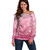 Hawaii Rose Pink Kapa Off Shoulder Sweater Vintage 'Ohe Kāpala Motifs Mix Plumeria Leis