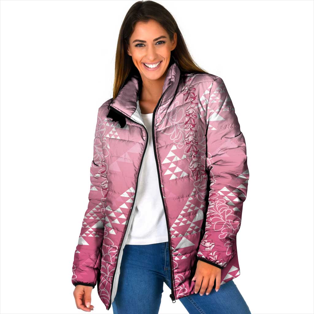 Hawaii Rose Pink Kapa Padded Jacket Vintage 'Ohe Kāpala Motifs Mix Plumeria Leis LT7 Women Rose Pink - Polynesian Pride