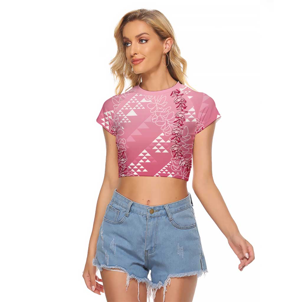 Hawaii Rose Pink Kapa Raglan Cropped T Shirt Vintage 'Ohe Kāpala Motifs Mix Plumeria Leis
