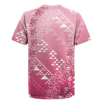 Hawaii Rose Pink Kapa Rugby Jersey Vintage 'Ohe Kāpala Motifs Mix Plumeria Leis