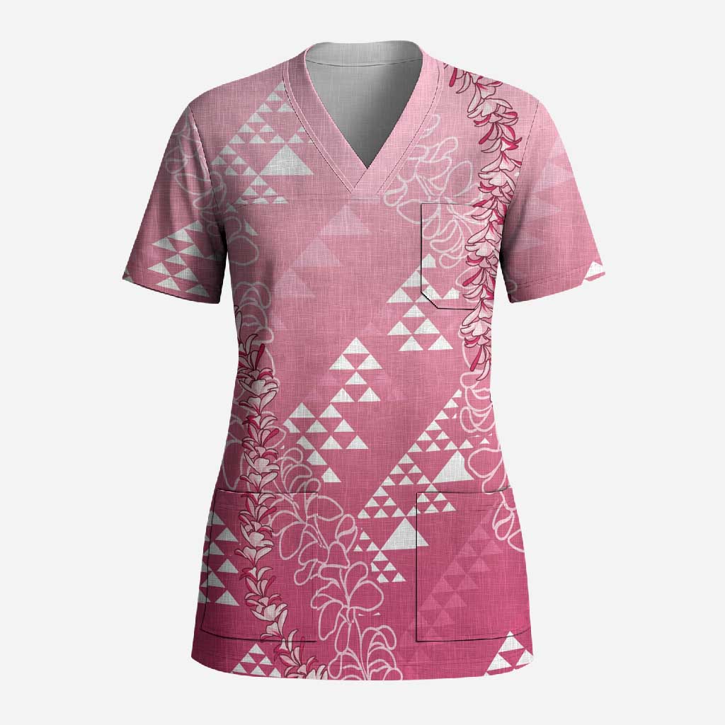 Hawaii Rose Pink Kapa Scrub Top Vintage 'Ohe Kāpala Motifs Mix Plumeria Leis