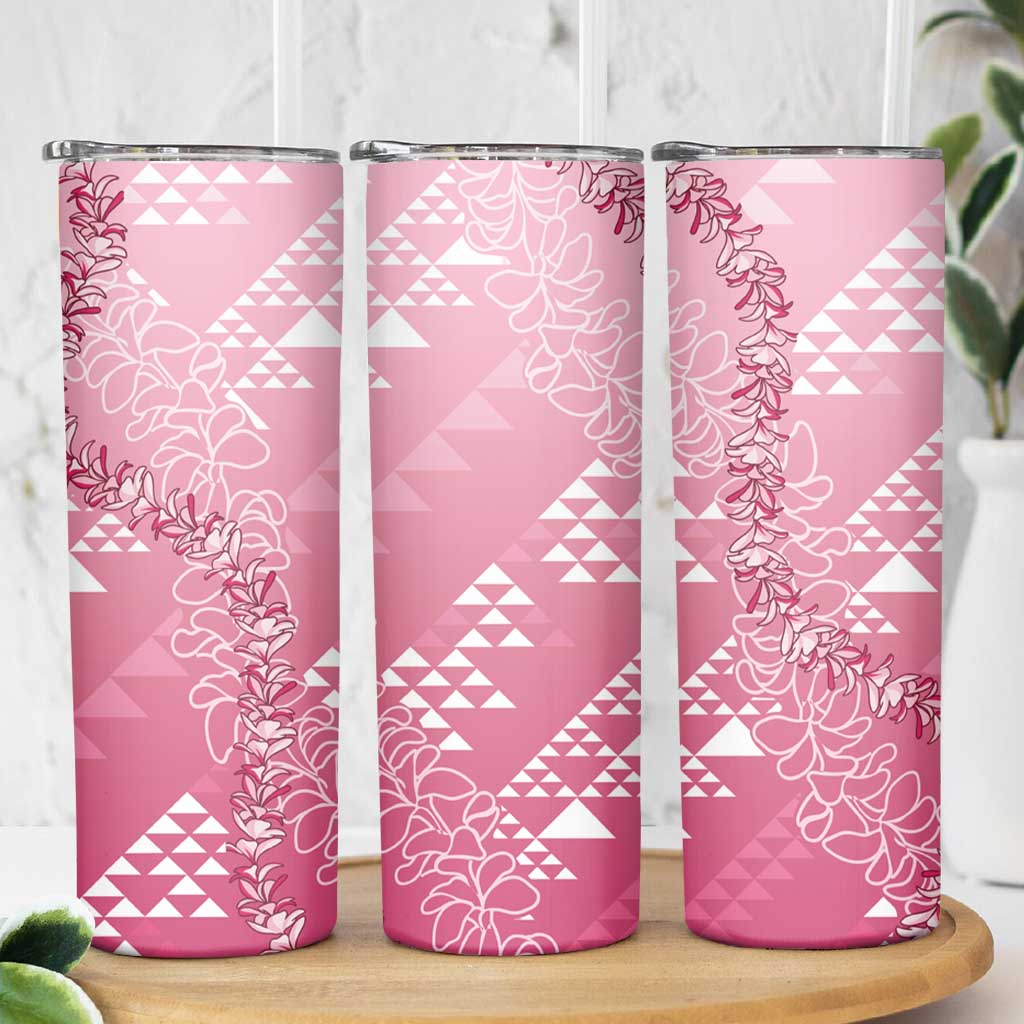 Hawaii Rose Pink Kapa Skinny Tumbler Vintage 'Ohe Kāpala Motifs Mix Plumeria Leis