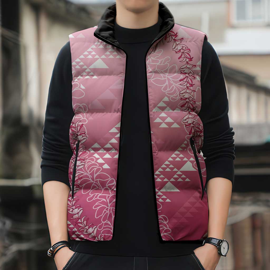 Hawaii Rose Pink Kapa Sleeveless Puffer Jacket Vintage 'Ohe Kāpala Motifs Mix Plumeria Leis
