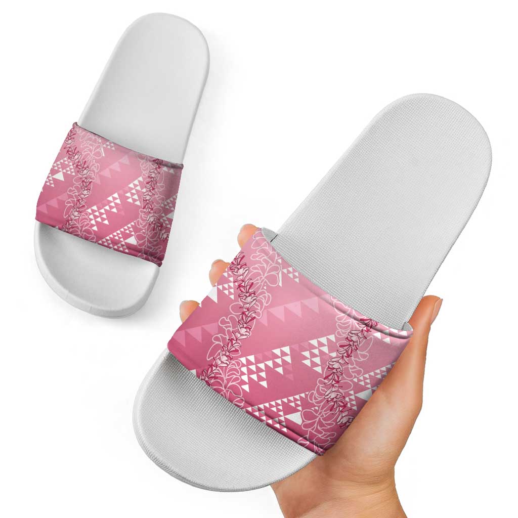 Hawaii Rose Pink Kapa Slide Sandals Vintage 'Ohe Kāpala Motifs Mix Plumeria Leis