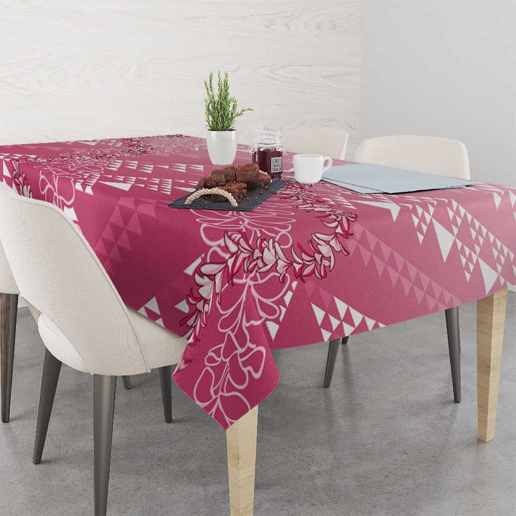 Hawaii Rose Pink Kapa Tablecloth Vintage 'Ohe Kāpala Motifs Mix Plumeria Leis
