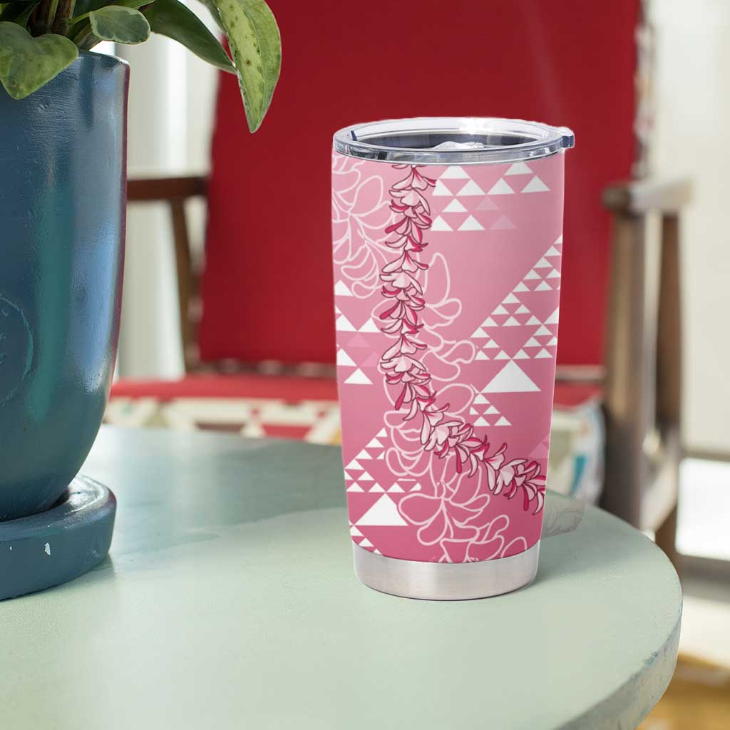 Hawaii Rose Pink Kapa Tumbler Cup Vintage 'Ohe Kāpala Motifs Mix Plumeria Leis