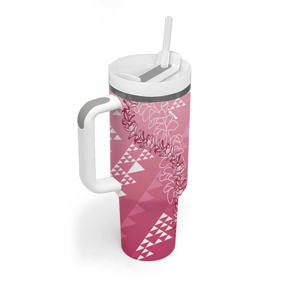 Hawaii Rose Pink Kapa Tumbler With Handle Vintage 'Ohe Kāpala Motifs Mix Plumeria Leis