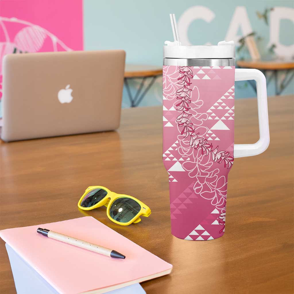 Hawaii Rose Pink Kapa Tumbler With Handle Vintage 'Ohe Kāpala Motifs Mix Plumeria Leis