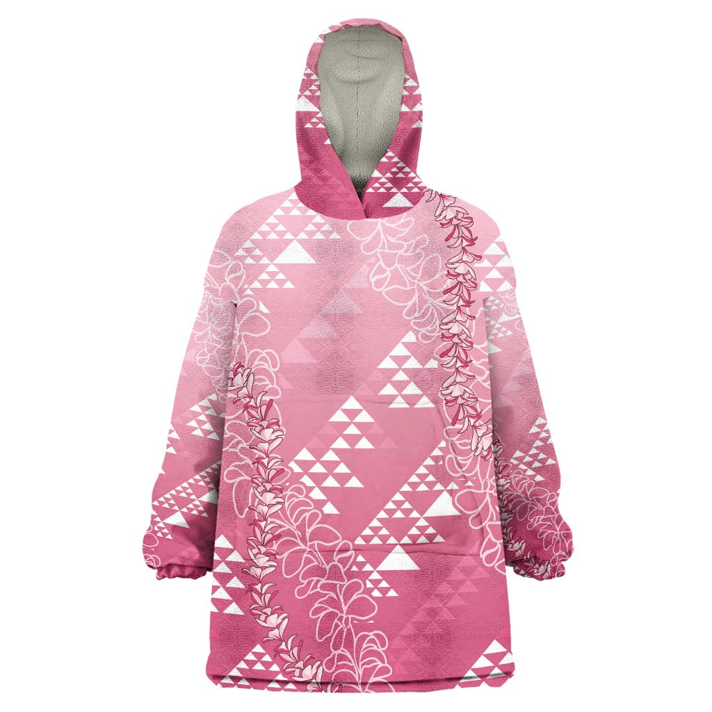 Hawaii Rose Pink Kapa Wearable Blanket Hoodie Vintage 'Ohe Kāpala Motifs Mix Plumeria Leis LT7 One Size Rose Pink - Polynesian Pride