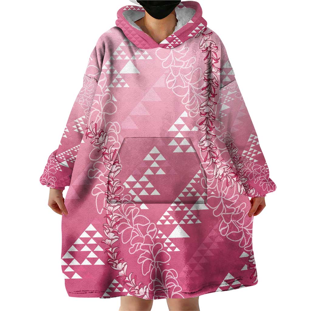 Hawaii Rose Pink Kapa Wearable Blanket Hoodie Vintage 'Ohe Kāpala Motifs Mix Plumeria Leis LT7 - Polynesian Pride