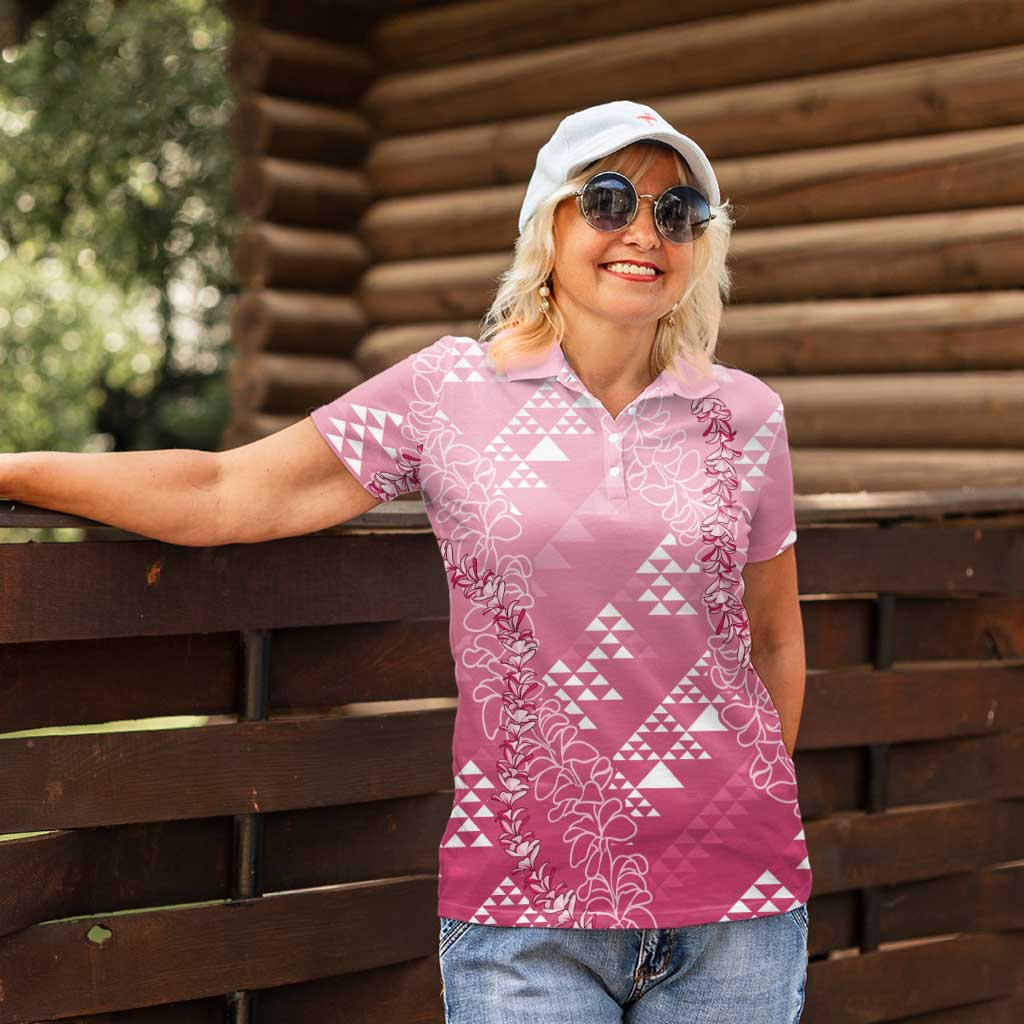 Hawaii Rose Pink Kapa Women Polo Shirt Vintage 'Ohe Kāpala Motifs Mix Plumeria Leis