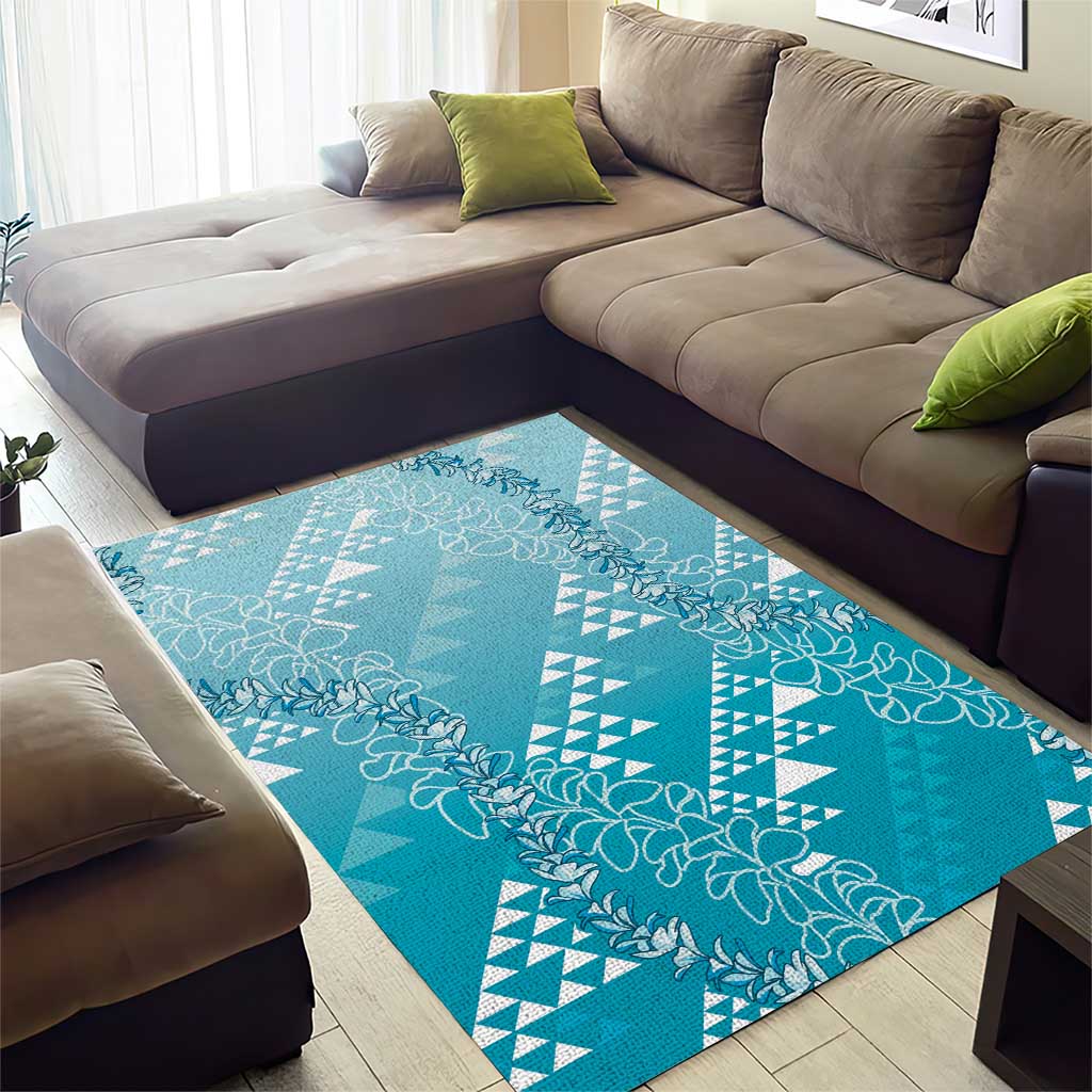 Hawaii Turquoise Kapa Area Rug Vintage 'Ohe Kāpala Motifs Mix Plumeria Leis