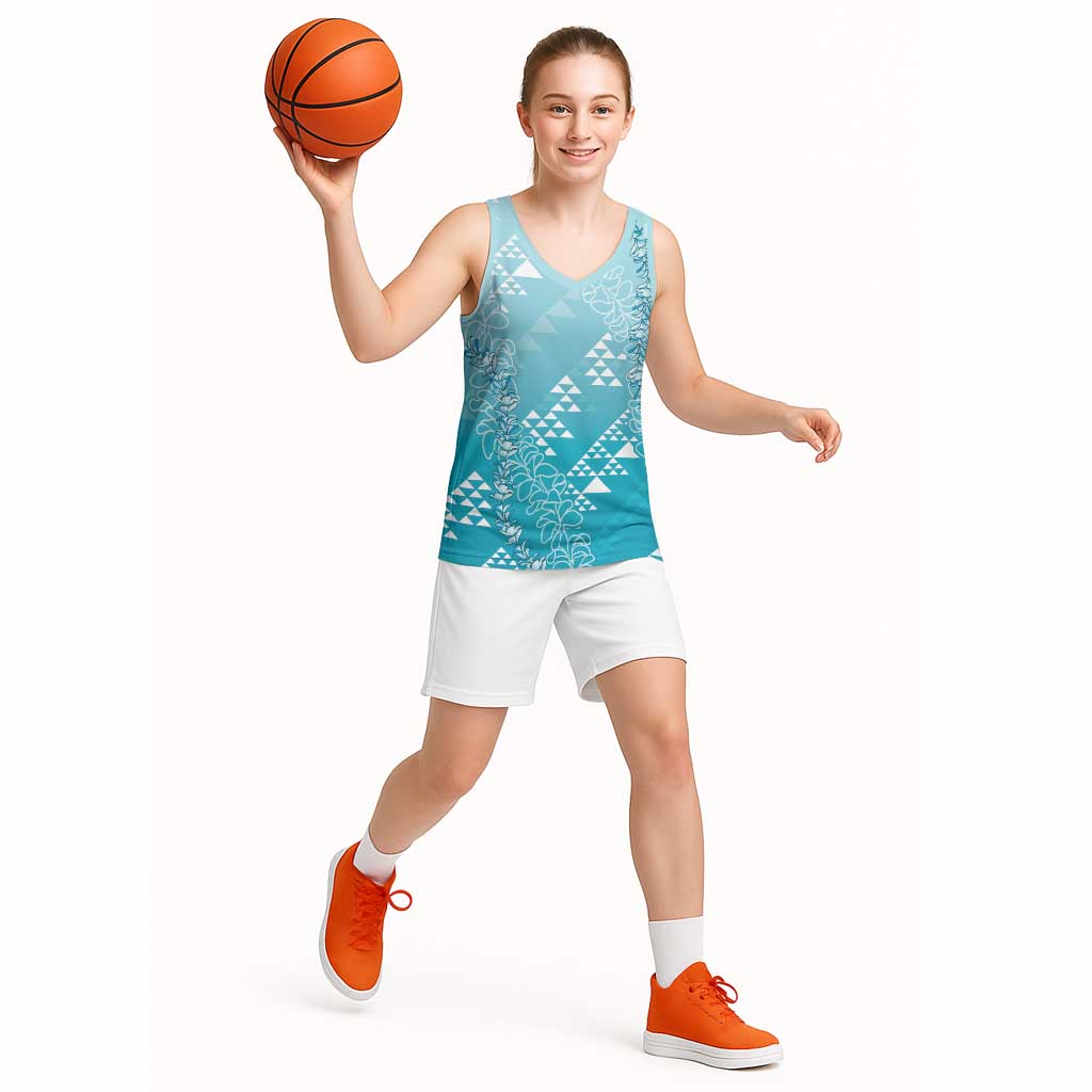 Hawaii Turquoise Kapa Basketball Jersey Vintage 'Ohe Kāpala Motifs Mix Plumeria Leis