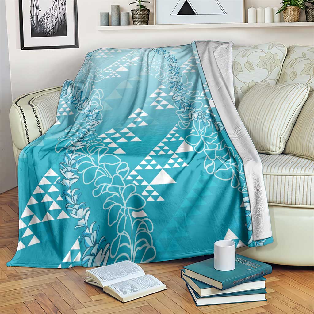 Hawaii Turquoise Kapa Blanket Vintage 'Ohe Kāpala Motifs Mix Plumeria Leis