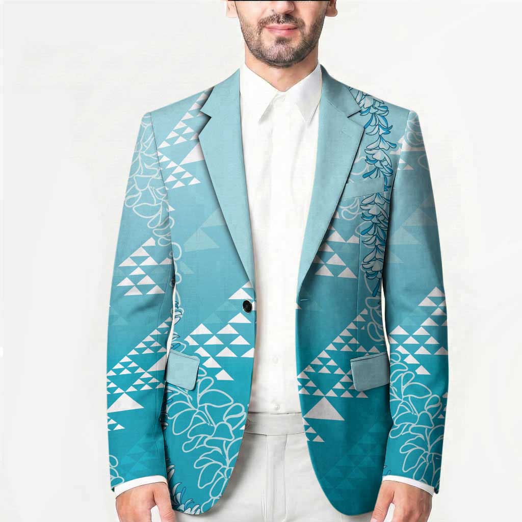 Hawaii Turquoise Kapa Blazer Vintage 'Ohe Kāpala Motifs Mix Plumeria Leis