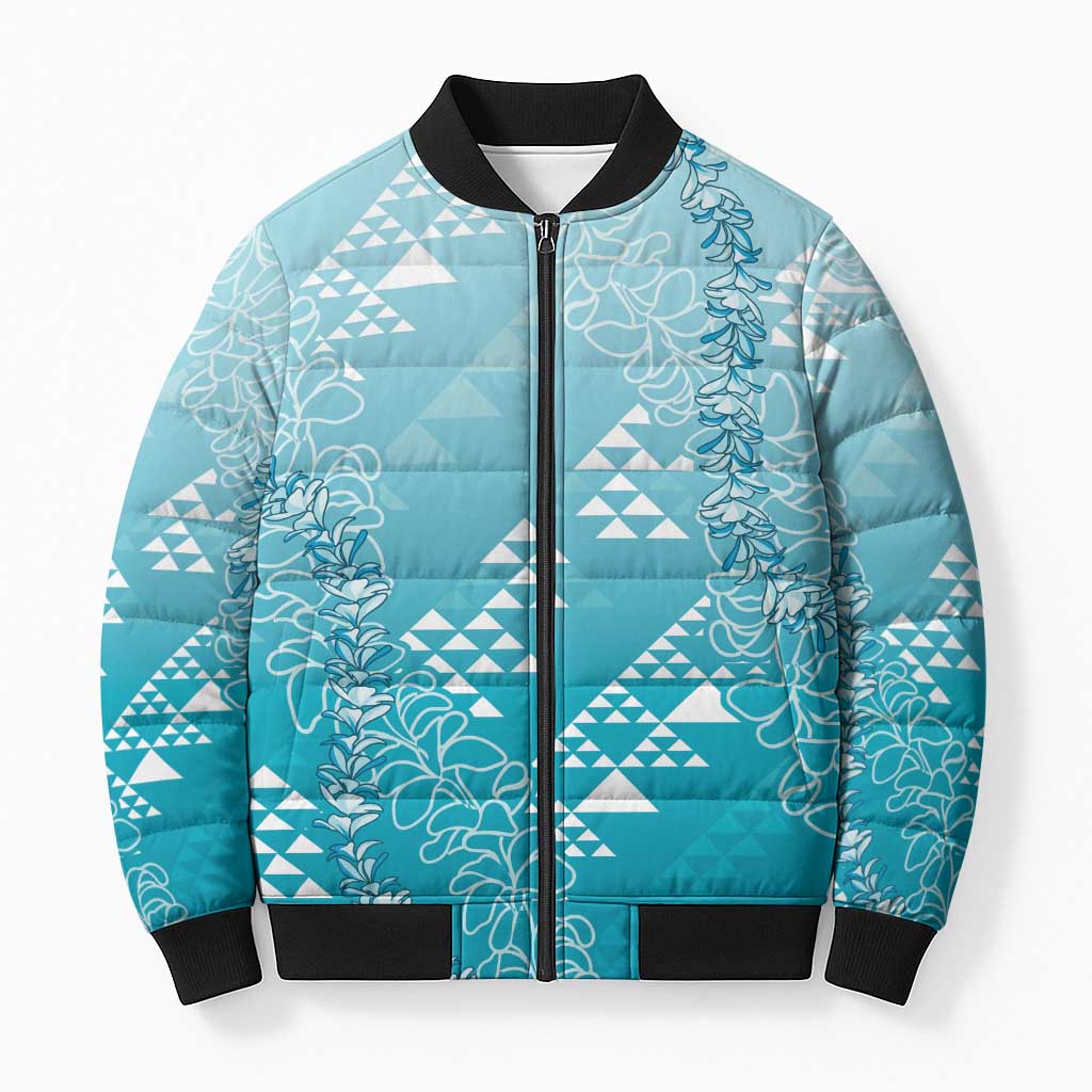 Hawaii Turquoise Kapa Bomber Puffer Jacket Vintage 'Ohe Kāpala Motifs Mix Plumeria Leis