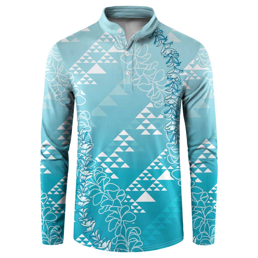 Hawaii Turquoise Kapa Button Sweatshirt Vintage 'Ohe Kāpala Motifs Mix Plumeria Leis