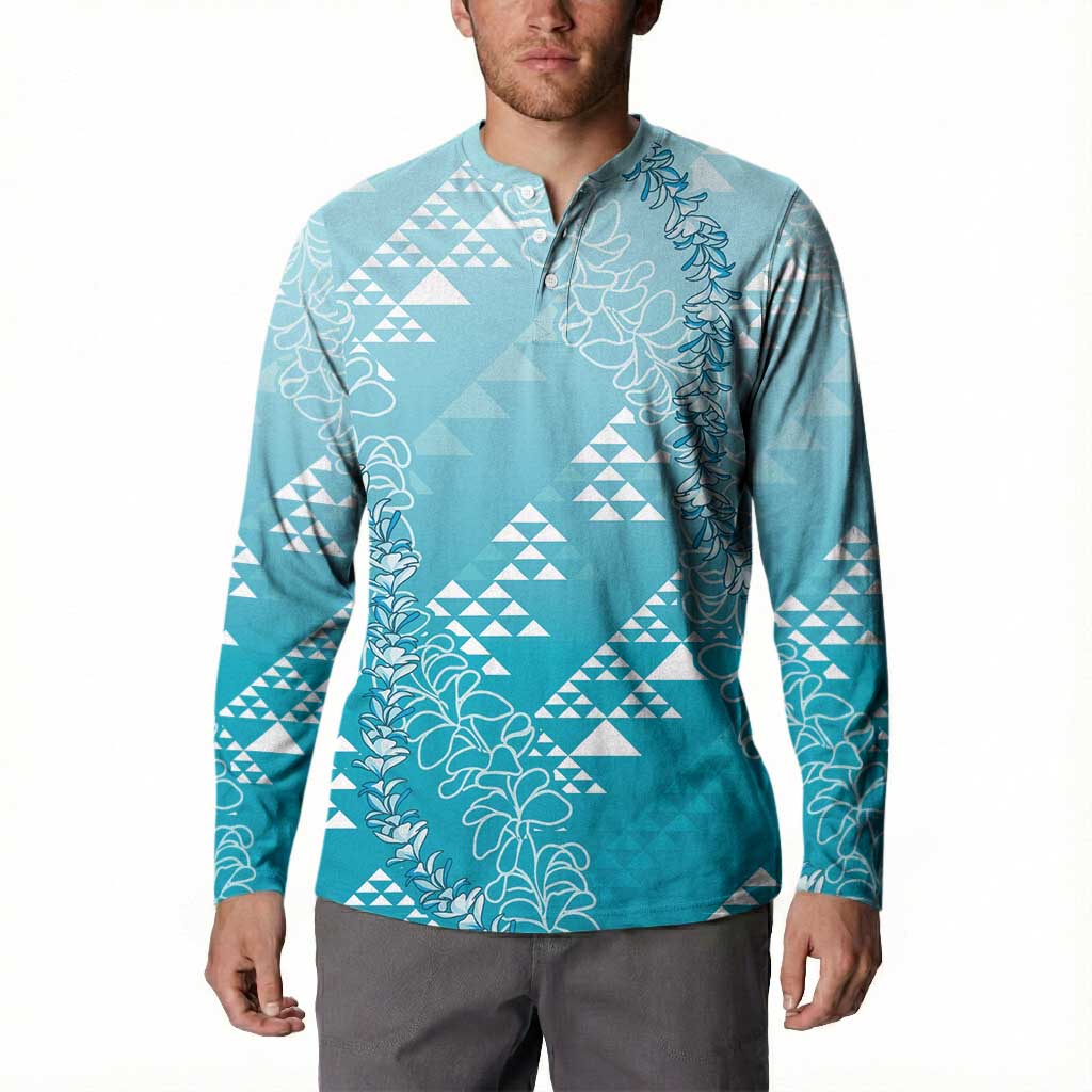 Hawaii Turquoise Kapa Button Sweatshirt Vintage 'Ohe Kāpala Motifs Mix Plumeria Leis