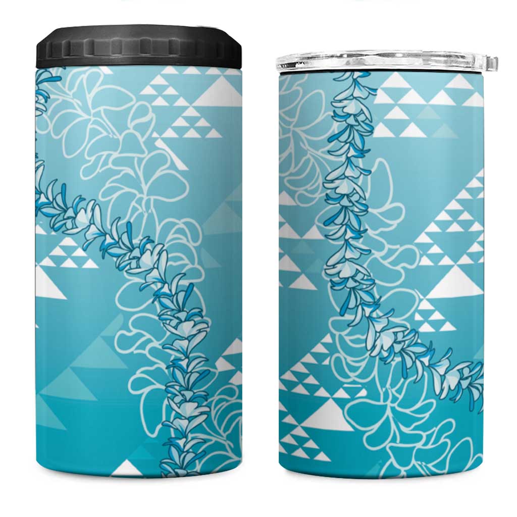 Hawaii Turquoise Kapa 4 in 1 Can Cooler Tumbler Vintage 'Ohe Kāpala Motifs Mix Plumeria Leis