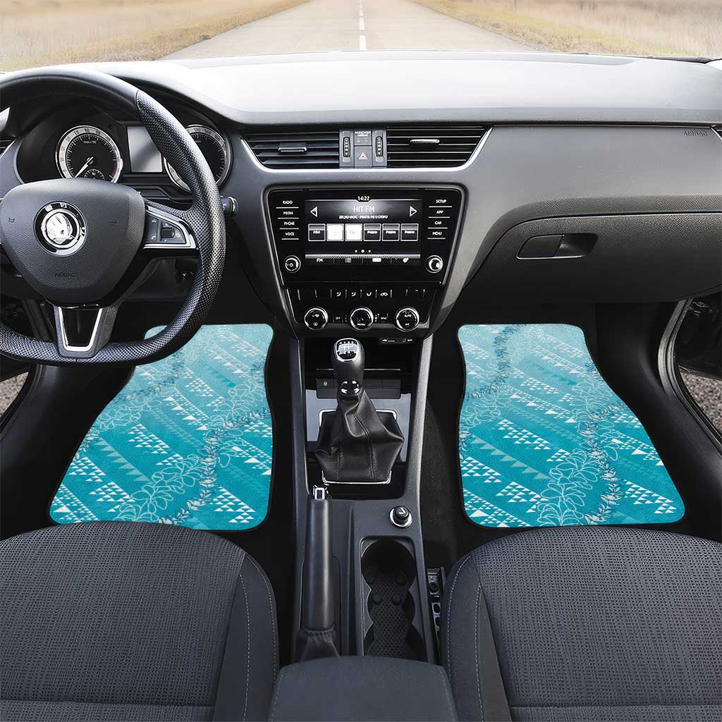 Hawaii Turquoise Kapa Car Mats Vintage 'Ohe Kāpala Motifs Mix Plumeria Leis LT7 Set 2pcs - Front Turquoise - Polynesian Pride