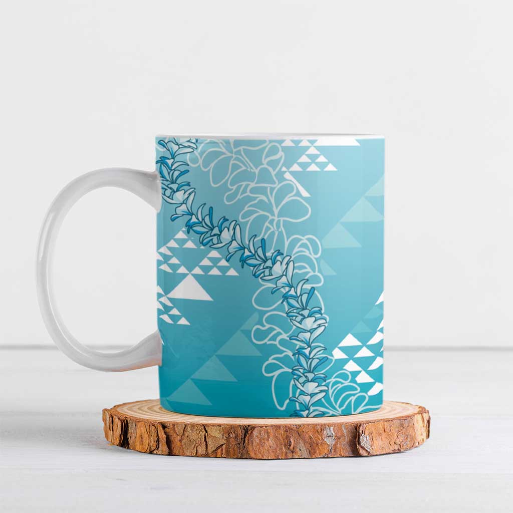 Hawaii Turquoise Kapa Ceramic Mug Vintage 'Ohe Kāpala Motifs Mix Plumeria Leis
