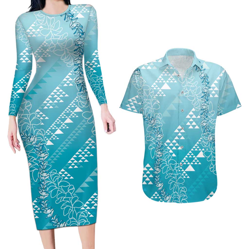 Hawaii Turquoise Kapa Couples Matching Long Sleeve Bodycon Dress and Hawaiian Shirt Vintage 'Ohe Kāpala Motifs Mix Plumeria Leis