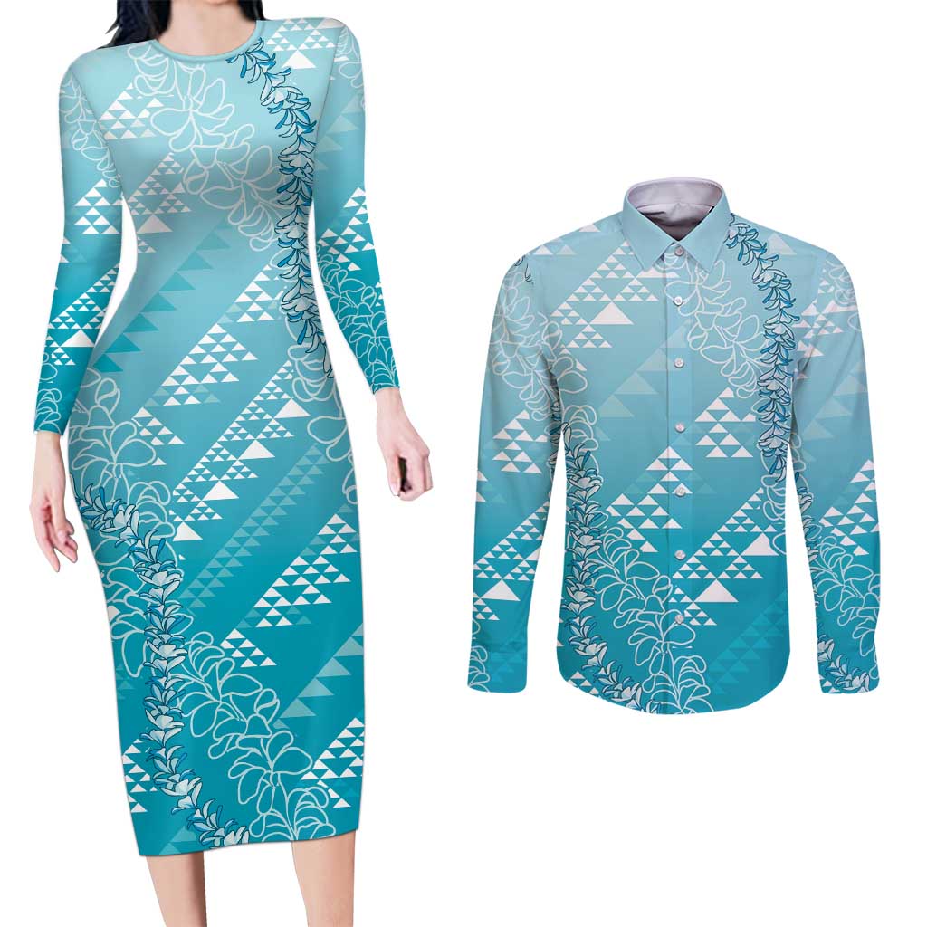 Hawaii Turquoise Kapa Couples Matching Long Sleeve Bodycon Dress and Long Sleeve Button Shirt Vintage 'Ohe Kāpala Motifs Mix Plumeria Leis